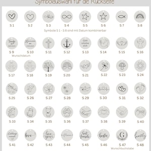 May include: A chart of 48 different symbols for personalization. The symbols include hearts, crosses, anchors, angels, rainbows, butterflies, paw prints, and more. The chart is labeled with the symbol number and a description of each symbol.