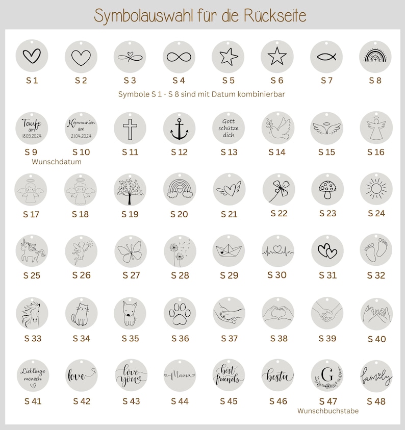 May include: A chart of 48 different symbols for personalization. The symbols include hearts, crosses, anchors, angels, rainbows, butterflies, paw prints, and more. The chart is labeled with the symbol number and a description of each symbol.