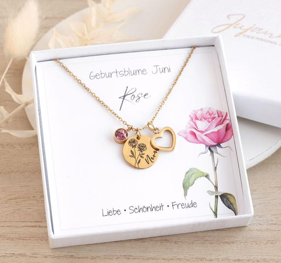 Kette Geburtsblume mit Herz Anhänger Geburtsblumen Kette Namenskette Herzkette Silber Gold Roségold Geschenk zum Geburtstag Taufe Kommunion