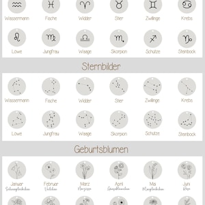 May include: A chart with twelve circular icons, each representing a zodiac sign. The signs are: Aquarius, Pisces, Aries, Taurus, Gemini, Cancer, Leo, Virgo, Libra, Scorpio, Sagittarius, and Capricorn. Below the zodiac signs are twelve more circular icons, each representing a constellation. The constellations are: Aquarius, Pisces, Aries, Taurus, Gemini, Cancer, Leo, Virgo, Libra, Scorpio, Sagittarius, and Capricorn. Below the constellations are twelve more circular icons, each representing a birth flower. The birth flowers are: Snowdrop, Violet, Narcissus, Daisy, Lily of the Valley, Rose,  Surasse, Mahn, Aster, Cosmea, Chrysanthemum, and Holly.
