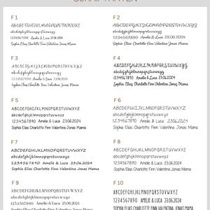 May include: A chart with 10 different font styles labeled F1 through F10. Each font style is shown in uppercase and lowercase letters, along with a sample date and a name. The fonts are all handwritten and cursive.