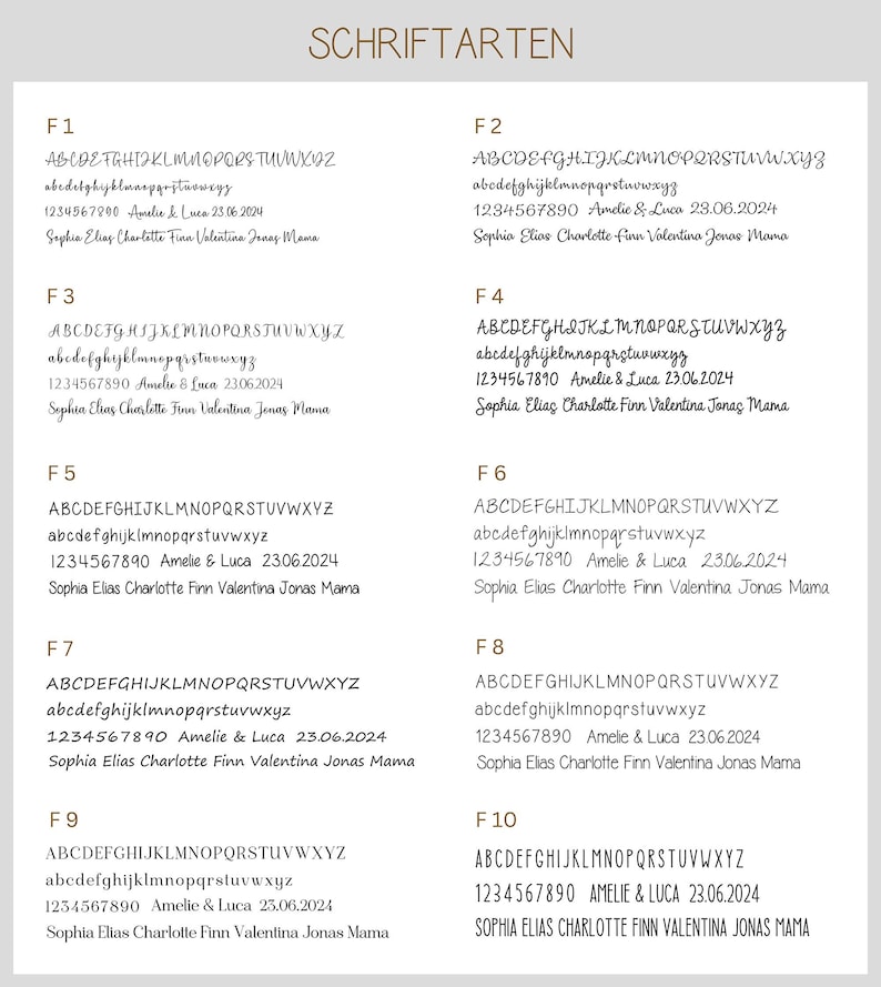 May include: A chart with 10 different font styles labeled F1 through F10. Each font style is shown in uppercase and lowercase letters, along with a sample date and a name. The fonts are all handwritten and cursive.