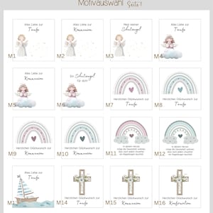 May include: A sheet of paper with 16 different designs for invitations or cards. The designs feature angels, rainbows, crosses, and boats. The text on the sheet includes "Alles Liebe zur Taufe", "Alles Liebe zur Kommunion", "Mein kleiner Schutzengel", "Ein Schutzengel f&uuml;r dich", "Herzlichen Gl&uuml;ckwunsch zur Taufe", "Herzlichen Gl&uuml;ckwunsch zur Kommunion", and "Herzlichen Gl&uuml;ckwunsch zur Konfirmation".