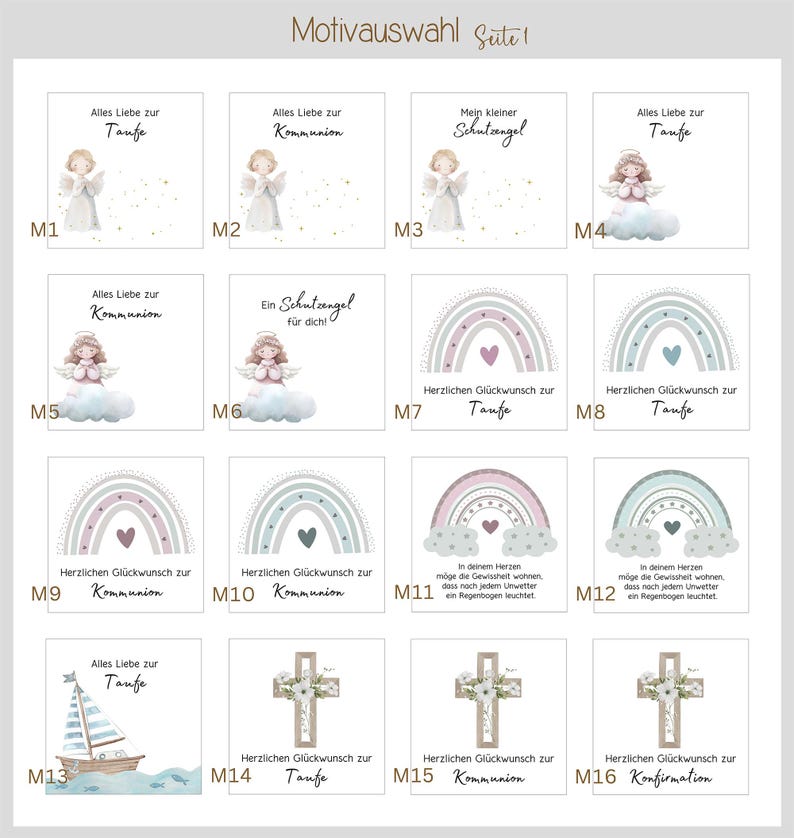 May include: A sheet of paper with 16 different designs for invitations or cards. The designs feature angels, rainbows, crosses, and boats. The text on the sheet includes "Alles Liebe zur Taufe", "Alles Liebe zur Kommunion", "Mein kleiner Schutzengel", "Ein Schutzengel f&uuml;r dich", "Herzlichen Gl&uuml;ckwunsch zur Taufe", "Herzlichen Gl&uuml;ckwunsch zur Kommunion", and "Herzlichen Gl&uuml;ckwunsch zur Konfirmation".