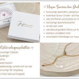 May include: A gold chain necklace with a small charm. The necklace is in a white gift box with a rainbow design and the text "Herzlichen Gl&uuml;ckwunsch Taufe" on the lid. The box is next to a white box with the text "Jujanna" on the lid. The image also includes a description of the necklace's material and features, including "hochwertiger Edelstahl", "hypoallergen", "rostfrei", "wasserresistent", "anlaufbestandig, verf&auml;rbt nicht die Haut", "hochwertige 18k Vergoldung (bei Farbe Gold und Ros&eacute;gold)".