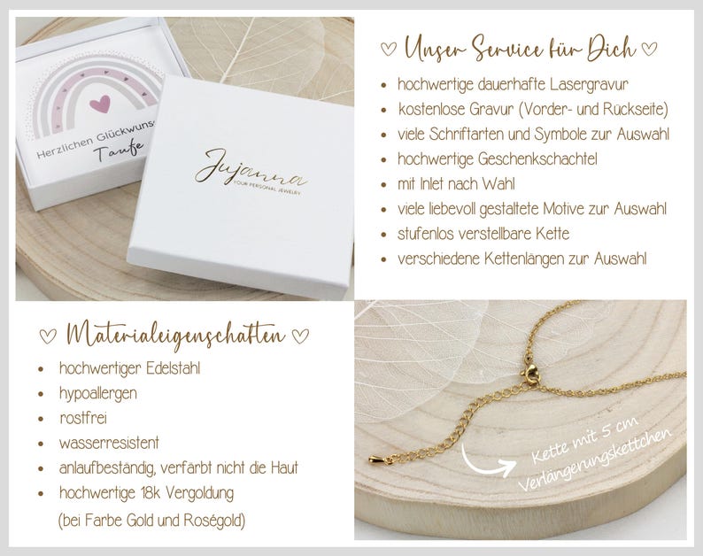 May include: A gold chain necklace with a small charm. The necklace is in a white gift box with a rainbow design and the text "Herzlichen Gl&uuml;ckwunsch Taufe" on the lid. The box is next to a white box with the text "Jujanna" on the lid. The image also includes a description of the necklace's material and features, including "hochwertiger Edelstahl", "hypoallergen", "rostfrei", "wasserresistent", "anlaufbestandig, verf&auml;rbt nicht die Haut", "hochwertige 18k Vergoldung (bei Farbe Gold und Ros&eacute;gold)".