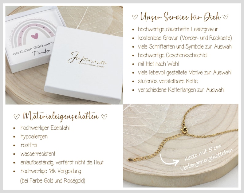 May include: A gold chain necklace with a small charm. The necklace is in a white gift box with a rainbow design and the text "Herzlichen Gl&uuml;ckwunsch Taufe" on the lid. The box is next to a white box with the text "Jujanna" on the lid. The image also includes a description of the necklace's material and features, including "hochwertiger Edelstahl", "hypoallergen", "rostfrei", "wasserresistent", "anlaufbestandig, verf&auml;rbt nicht die Haut", "hochwertige 18k Vergoldung (bei Farbe Gold und Ros&eacute;gold)".