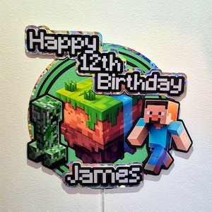Personalised 3D effect Block People/Gaming Birthday Cake Topper – Custom Name & Age