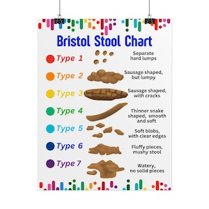 May include: A white educational poster titled Bristol Stool Chart with a colorful border. It displays seven types of stool, each labeled with a colored dot and text describing the physical characteristics from separate hard lumps to watery.