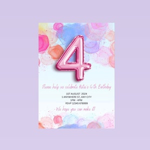 Faire-part pour 4e anniversaire de fille de 4 ans, invitation instantanée modifiable