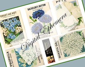 Vintage Flower Seed Packs Digital Ephemera Blue