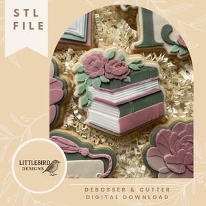 Stack of books with peonies - STL cookie cutter & Stamp