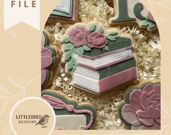 Stack of books with peonies - STL cookie cutter & Stamp