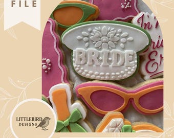 May include: An assortment of decorated cookies, including a cookie with the word "BRIDE" and sunglasses-shaped cookies. The cookies are in shades of pink, orange, green, and white. The image also includes the text "STL FILE" and "DEBOSSER & CUTTER DIGITAL DOWNLOAD".