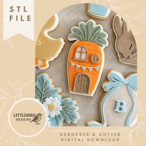 May include: Assortment of decorated sugar cookies with a spring theme. Includes a carrot-shaped house, a duck, a bunny, and a bag with a bow. The cookies are decorated with white, orange, brown, blue, and green icing. The image also includes the text "STL FILE" and "DEBOSSER & CUTTER DIGITAL DOWNLOAD".