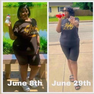 May include: Two photos of the same person, side-by-side, showing a before and after weight loss transformation. The person is wearing black shorts and a black t-shirt with gold lettering. The text on the shirt in the first photo reads "Glow Carrier". The text on the shirt in the second photo reads "Holy Rebel". The date "June 8th" is written below the first photo and the date "June 29th" is written below the second photo.
