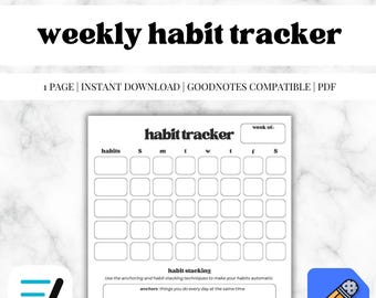 Tygodniowy rejestr nawyków do druku • Pobierz plik PDF w wersji cyfrowej • Kompatybilny z Goodnotes i Notability • Minimalistyczny wykres nawyków