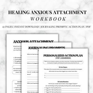 Puede incluir: Un cuaderno de trabajo titulado "Curando el apego ansioso" con el texto "Workbook" en letras grandes y en negrita. El cuaderno de trabajo incluye indicaciones para escribir en un diario y un plan de acción. Las páginas son blancas con texto negro.