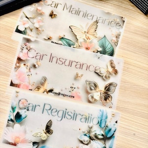 May include: Three decorative budget cards with the titles "Car Maintenance", "Car Insurance", and "Car Registration". Each card features butterfly and floral embellishments in shades of pink, gold, and teal. The cards are on a light wood-grain surface.