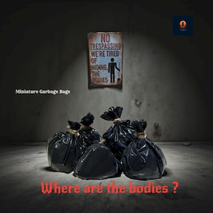 May include: Several black miniature garbage bags tied with twine are grouped together. A sign above reads "NO TRESPASSING WE'RE TIRED OF HIDING THE BODIES." The text "Where are the bodies?" is at the bottom.