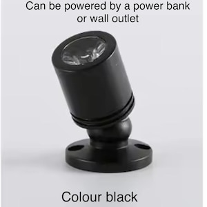 May include: Black spotlight with a round base and adjustable head. The text on the image says, "Can be powered by a power bank or wall outlet" and "Colour black".