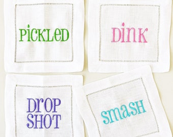 Pickleball Embroidered cocktail napkins hemstitched linen, 6x6. SET of 4