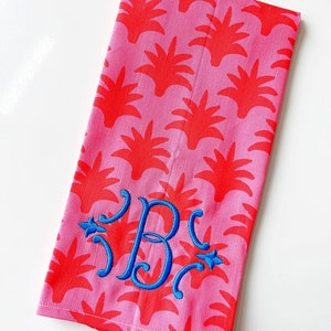 Red pink pinecone Tea towel embroidered. So cute! Monogrammed.