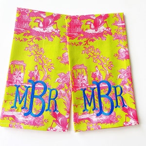 Chinoiserie toile pink and chartreuse Tea towel embroidered. So cute! Monogrammed. Price is for one towel