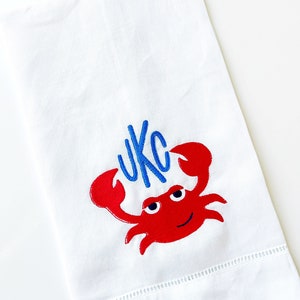 Crab tea towel White linen hemstitched, monogrammed. 4th or July, Memorial Day. Hostess gift.