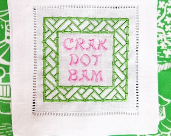 Mahjong cocktail pink napkins hemstitched linen. 6x6. Set of 4. Crak dot bam Embroidered