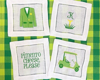 Masters golf Embroidered cocktail napkins hemstitched linen, 6x6. SET of 4