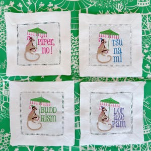 White Lotus cocktail napkins hemstitched linen . 6x6. Set of 4, monkey parasol