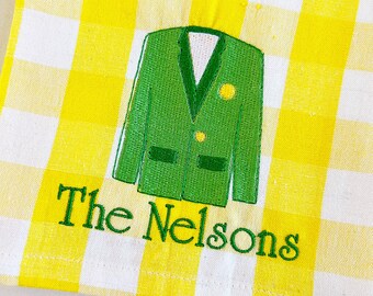 Masters Tea towel embroidered. So cute! Monogrammed. Green jacket. Yellow check