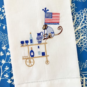 Chinoiserie monkey, bar cart, white linen kitchen tea towel. 4th or July, Memorial Day. USA. Hemstitched .