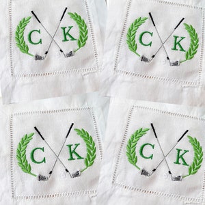 Golf Embroidered cocktail napkins hemstitched linen, 6x6. SET of 4 monogrammed. Handsome. Classic. Four of the same design