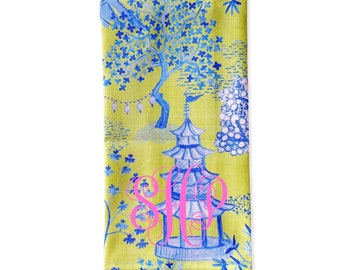 Pagoda Tea towel embroidered. So cute! Monogrammed. Pick your monogram