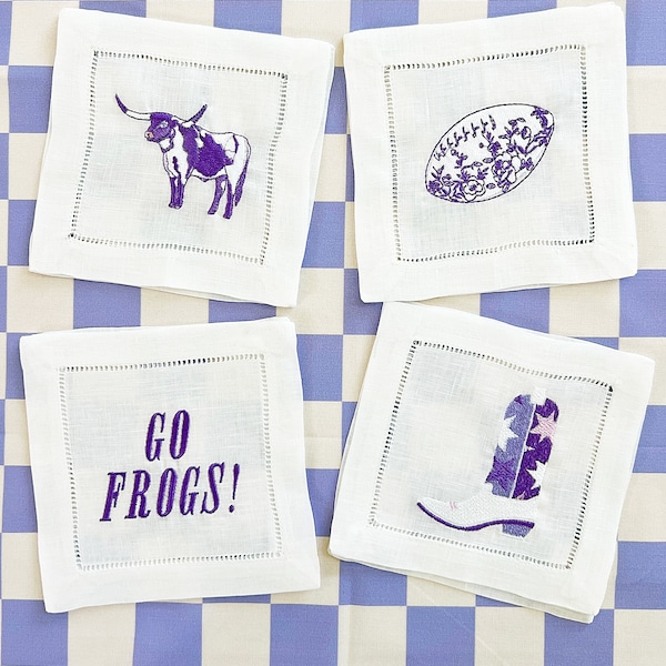 TCU purple football Embroidered cocktail napkins hemstitched linen, 6x6. SET of 4