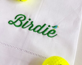 Birdie Golf Tea Towel. Linen. Hemstitched, So cute ! Embroidered