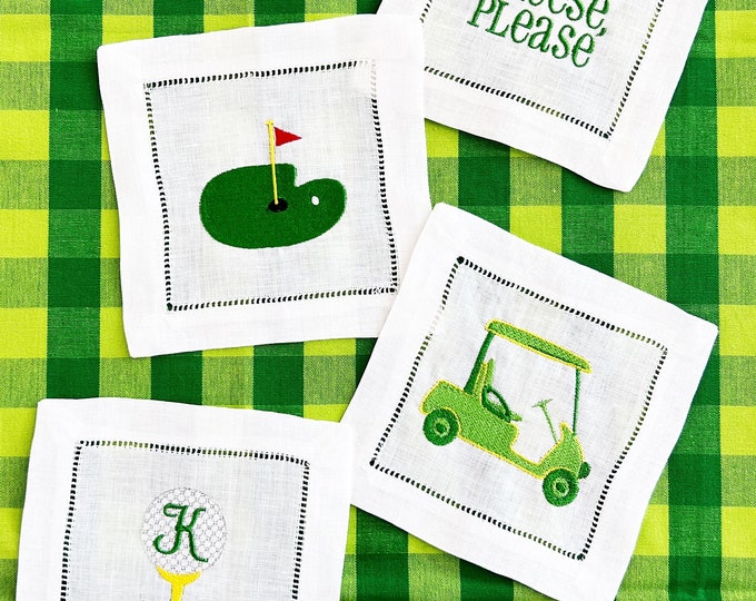 Golf Embroidered cocktail napkins hemstitched linen, SET of 6
