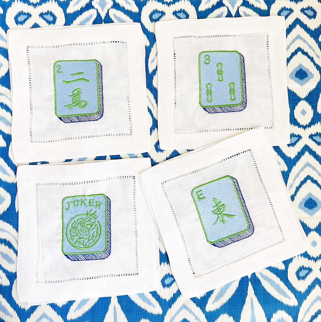 Mahjong Cocktail Napkins Hemstitched Linen . 6x6. Set of 4. Blues and