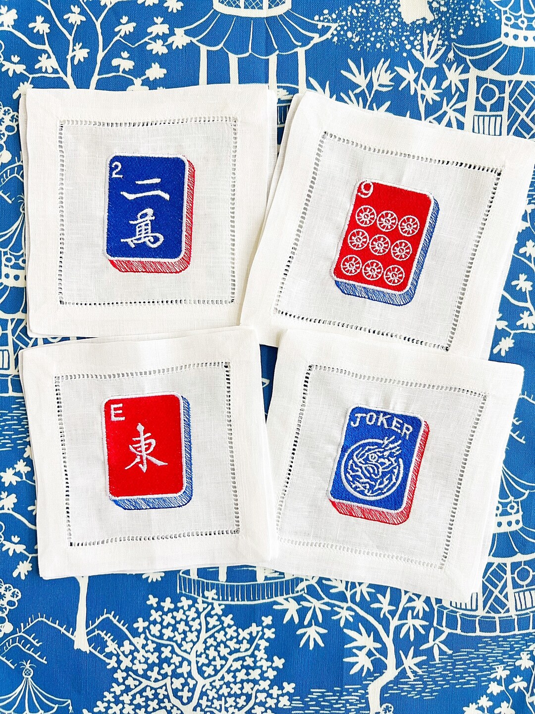 Mahjong Cocktail Napkins Hemstitched Linen . 6x6. Set of 4. Etsy