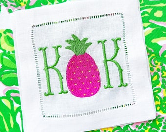 Pineapple Embroidered cocktail napkins hemstitched linen, 6x6. SET of 4. Monogrammed