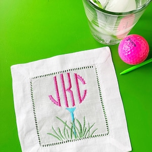 Golf Embroidered monogrammed cocktail napkins hemstitched linen . 6x6. Set of 4. Free ship.