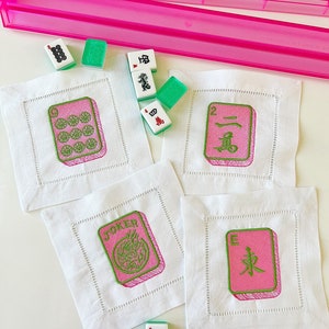 Mahjong cocktail napkins hemstitched linen . 6x6. Set of 4. Pink and green. Cute! Embroidered