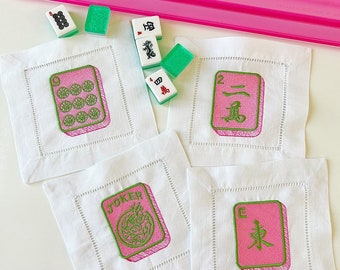 Mahjong cocktail napkins hemstitched linen . 6x6. Set of 4. Pink and green. Cute! Embroidered