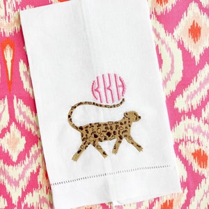 Cheetah monogrammed tea towel Linen. Embroidered. Hemstitched .