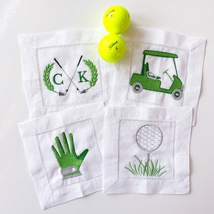 Golf Embroidered cocktail napkins hemstitched linen, 6x6. SET of 4 monogrammed. Classic. One design of each