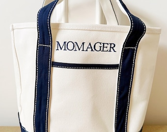 Boat and tote canvas navy and white,  embroidered. Momager. Heavy duty 24 ounce small. Open top. Purse, tote.