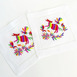 Mexican otomi embroidered cocktail napkins hemstitched linen . 6x6. Set of 4. Full color .