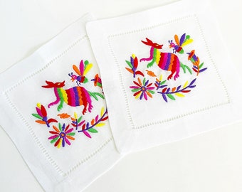 Mexican otomi embroidered cocktail napkins hemstitched linen . 6x6. Set of 4. Full color .